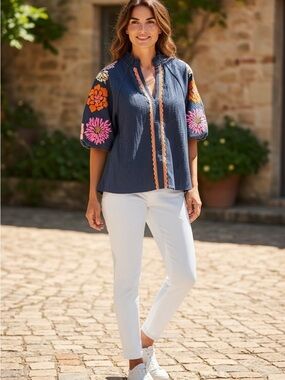 THML Navy Embroidered Short Sleeve Top with Orange & Pink Accents